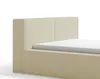 A close-up view of a beige upholstered bed frame with a white mattress. Voir les images du produit