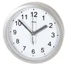 A close-up studio shot of a round wall clock with a silver frame and a white face. Produktbild-Vorschau
