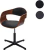 A product shot of a swivel chair with a walnut-look shell and black upholstery, shown against a white background. Two circular swatches of fabric colors are displayed in the upper right corner. Produktbild-Vorschau