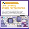 A close-up marketing image of a mechanical keyboard, highlighting its low latency and stable performance features with text overlays and zoomed-in views of specific keys. Produktbild-Vorschau