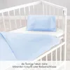 A light blue duvet cover and pillowcase are laid out in a white crib. Produktbild-Vorschau
