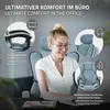 A woman is sitting in an office chair, smiling and looking at a laptop. The image highlights features of the chair with callouts. Produktbild-Vorschau