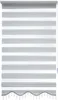 A close-up studio shot of a white and silver roller blind with a Greek key pattern. Produktbild-Vorschau