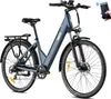 A blue electric bicycle is shown against a white background, with a hand holding a smartphone in the upper right corner. Produktbild-Vorschau
