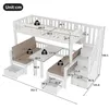 A diagram showing the dimensions and weight capacities of a white bunk bed with integrated desk and seating. Voir les images du produit