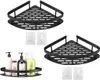 Two black corner shelves are shown, one with bottles on it, and two sets of adhesive hooks. Náhľad obrázku produktu