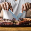 A person is eating a large meal of meat with a blue plastic cutlery set. Produktbild-Vorschau