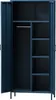 An open navy blue metal wardrobe with a hanging rod and shelves. Náhľad obrázku produktu