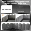 The image displays information about how fiber direction and light source affect the appearance of a fabric, using visual examples of a tufted headboard. Produktbild-Vorschau