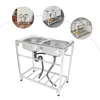 A collage of images showing a commercial stainless steel double sink with a stand, including close-ups and context shots. Náhled obrázku produktu