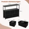A diagram showing the dimensions of a black fabric dresser with a wooden top and metal frame, along with two fabric storage boxes. Anteprima dell’immagine prodotto