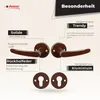 A marketing image showcasing door handles and keyhole escutcheons with descriptive text highlighting features. Produktbild-Vorschau