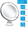 A close-up of a lighted makeup mirror with text overlays describing its features. Produktbild-Vorschau