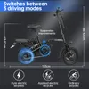 A black folding electric bicycle with various dimensions and driving modes highlighted. Náhľad obrázku produktu