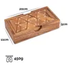 A wooden puzzle box with triangular pieces, showing dimensions and weight. Podgląd zdjęcia produktu