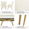 A collage of images showcasing a white armchair with gold legs, highlighting its features and materials. Náhled obrázku produktu