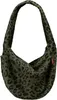 A fuzzy leopard print sling bag on a white background.