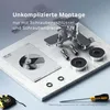 A faucet and its installation components are displayed on a marble surface, with a tape measure and screwdriver nearby. Produktbild-Vorschau