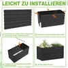 A four-panel diagram illustrating the assembly steps of a black metal raised garden bed. Voir les images du produit
