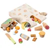 A collection of wooden toy groceries and a shopping bag, arranged on a white background. Produktbild-Vorschau