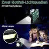 A collage showing a multi-functional flashlight/radio device in use and a close-up of its LED lights. Produktbild-Vorschau