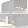 Collage of close-up shots of a desk divider and its mounting system, with descriptive text. Produktbild-Vorschau
