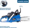 A close-up marketing image of a blue and black chainsaw with text overlays highlighting its features. Produktbild-Vorschau