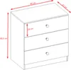A diagram showing the dimensions of a white dresser with three drawers. Náhled obrázku produktu
