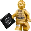 A LEGO® Star Wars C-3PO minifigure holding a black tile with a white circular graphic. Podgląd zdjęcia produktu