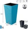 A blue planter with dimensions and capacity indicated, along with icons and a smaller gray planter with an insert. Voir les images du produit