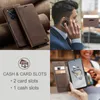 Collage of images showing a brown leather phone case, a man using a phone with the case, and a close-up of the case's card slots. Produktbild-Vorschau