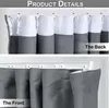 A close-up view of the top and bottom of a gray fabric room divider curtain, showing its attachment mechanism to a track. Produktbild-Vorschau