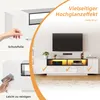 A split image showing the features of a TV stand. The left side shows a hand peeling off protective film and cleaning the surface. The right side shows the TV stand with a TV on it, highlighting its design and lighting. Produktbild-Vorschau