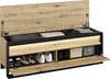A modern shoe cabinet with storage and seating, featuring a light wood finish and black accents, with the top lid open to reveal storage space and shelves below holding shoes and boxes. Produktbild-Vorschau