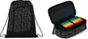 A black drawstring backpack with a paisley pattern and an open black pencil case with colorful pens inside, displayed on a white background. Produktbild-Vorschau