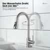 A kitchen faucet is shown in a bathroom or kitchen setting, with a graphic indicating its 360-degree rotation capability. Produktbild-Vorschau