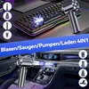 A split image showing a handheld vacuum cleaner being used to clean a keyboard and inside a car. Produktbild-Vorschau