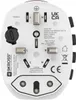 A white universal travel adapter with various plug types and country codes printed on it. Náhled obrázku produktu