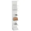 A white, modern, vertical shelf unit with various items displayed on its shelves. Náhľad obrázku produktu