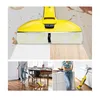 Collage showing a yellow floor cleaner in action on different floor types, and people using it in a kitchen and hallway. Produktbild-Vorschau