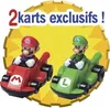 Two Mario Kart toys, one red and one green, are shown in a promotional image. Produktbild-Vorschau