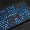 A close-up view of a black keyboard with blue LED backlighting. Produktbild-Vorschau