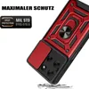 A close-up view of a red and black phone case with a ring holder and camera protection. Produktbild-Vorschau