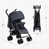 A gray baby stroller is shown in two views: one fully assembled and one folded. Dimensions are indicated with lines and numbers. Anteprima dell’immagine prodotto