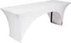 A white stretch tablecloth is draped over a long, narrow table, creating a sleek and modern look. Produktbild-Vorschau