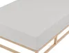 A close-up view of a light gray fitted sheet on a wooden bed frame. Produktbild-Vorschau