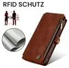 A brown leather wallet case for a smartphone, with a zipper closure and a small circular logo. The background is white, with graphic elements on the left illustrating RFID protection. Produktbild-Vorschau