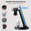 A 3-in-1 wireless charger stand for a phone, smartwatch, and earbuds, with text overlays indicating compatibility and features. Produktbild-Vorschau