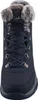 Close-up front view of a navy blue winter boot with faux fur trim. Voir les images du produit
