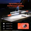 A work light is placed on a wooden table, with a phone charging from it. The background is dark and out of focus, suggesting an outdoor or workshop setting. Podgląd zdjęcia produktu